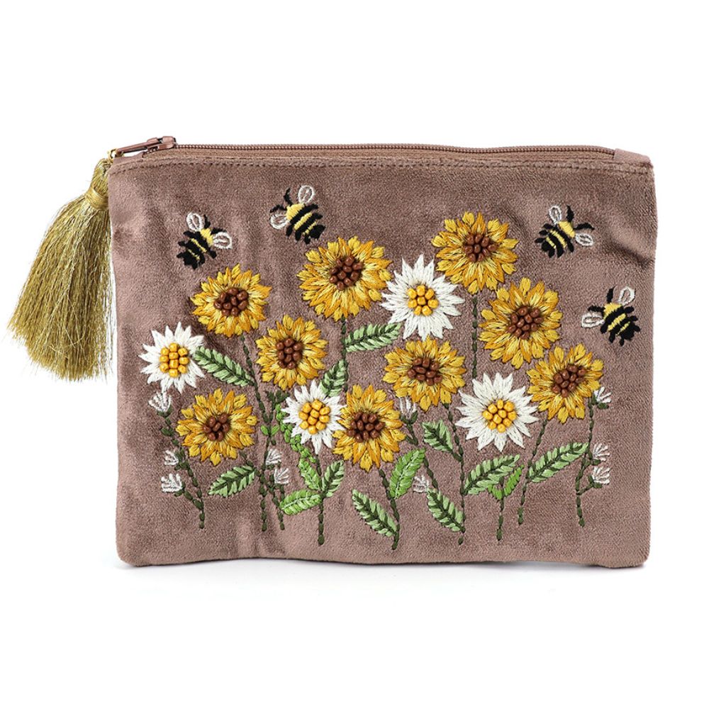 POM Cocoa Velvet Embroidered Sunflowers Zip Purse