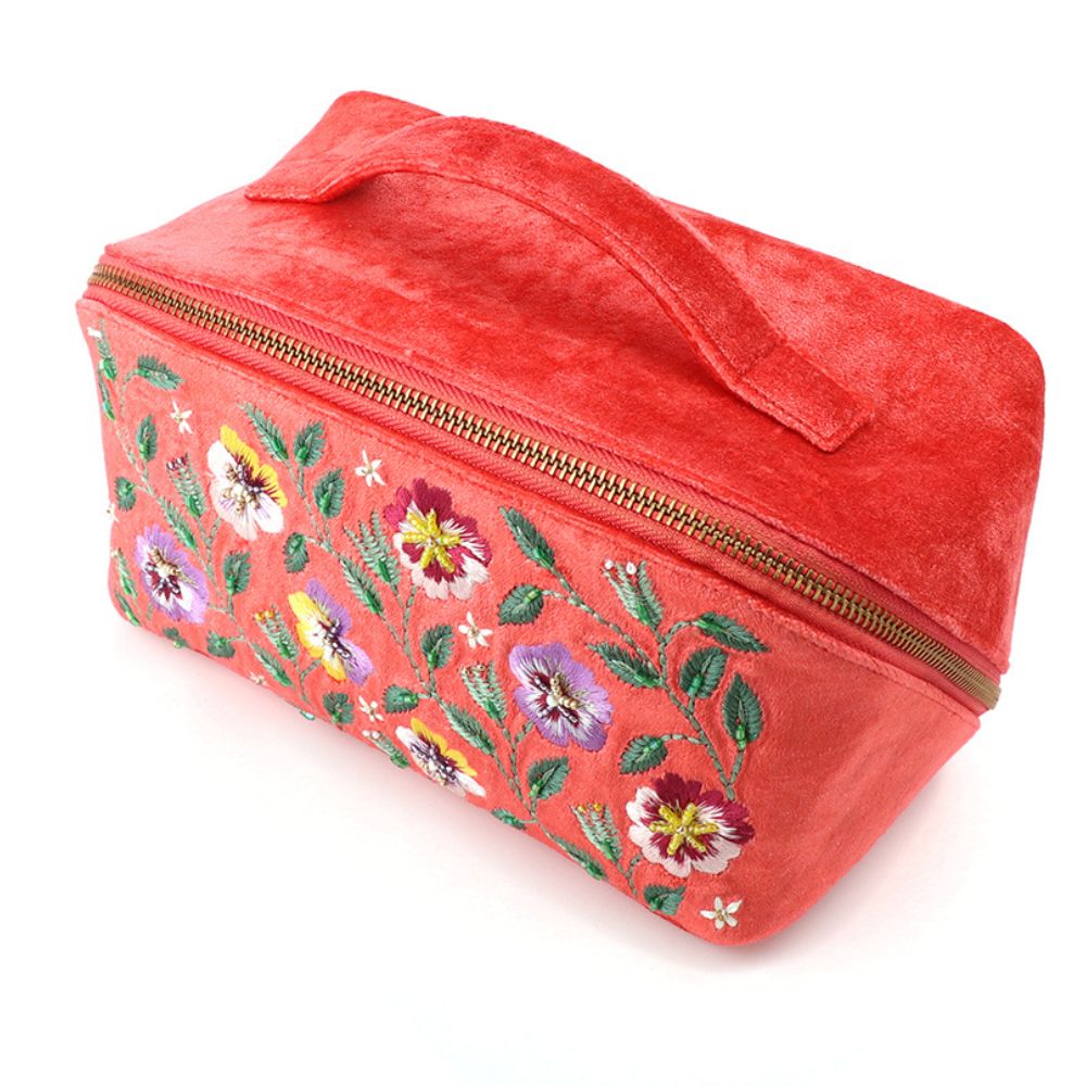 POM Coral Velvet Embroidered Pansie's Vanity Case