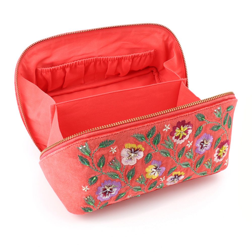 POM Coral Velvet Embroidered Pansie's Vanity Case