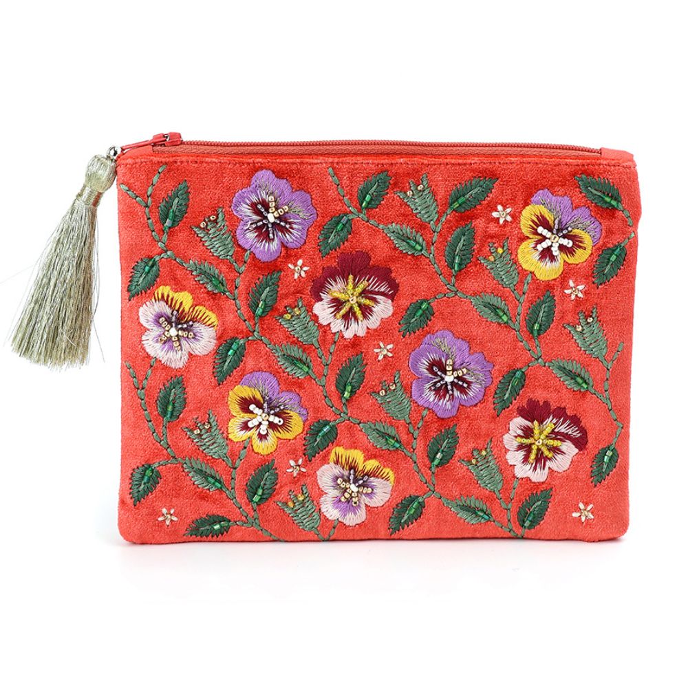 POM Coral Velvet Embroidered Pansie's Zip Purse