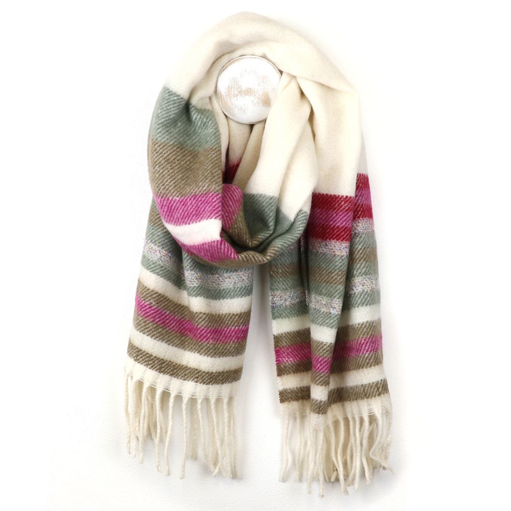 POM Cream And Magenta Twill Stripe Scarf