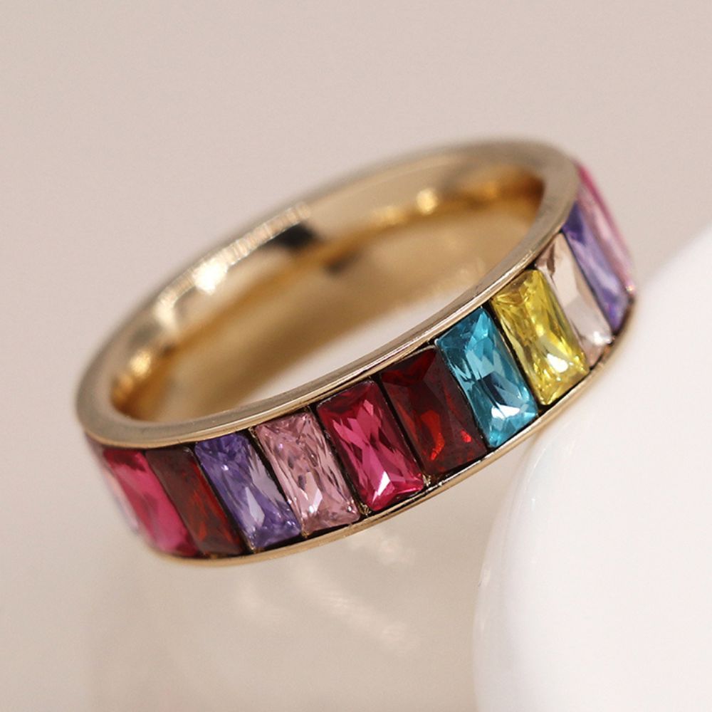 POM Golden Plated Rainbow Crystal Ring (Small-Medium)