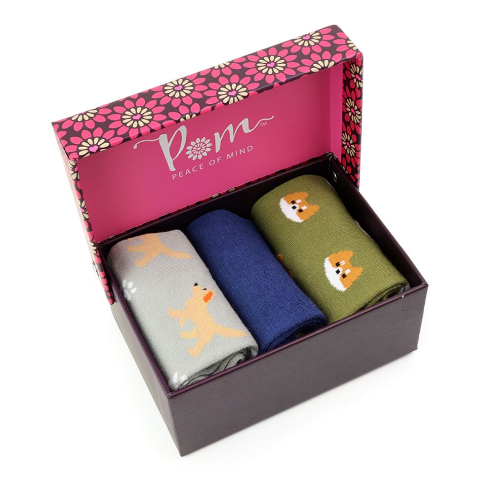POM Green and Blue Mix Dog Themed Boxed Sock Trio