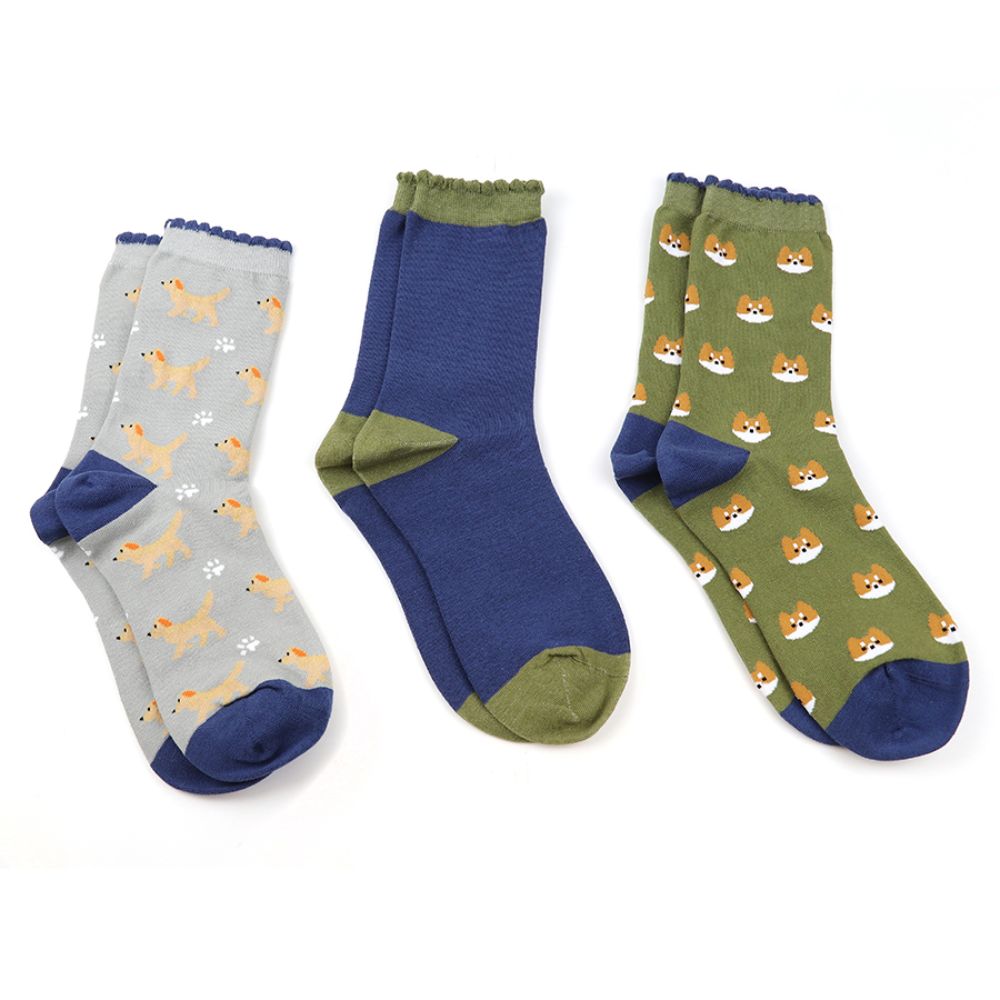 POM Green and Blue Mix Dog Themed Boxed Sock Trio