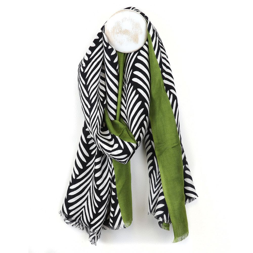 POM Olive Border Monochrome Leaf Print Scarf