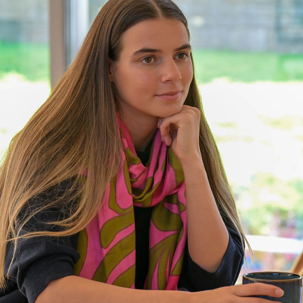 POM Pink Mix Abstract Swirl Print Scarf With Border