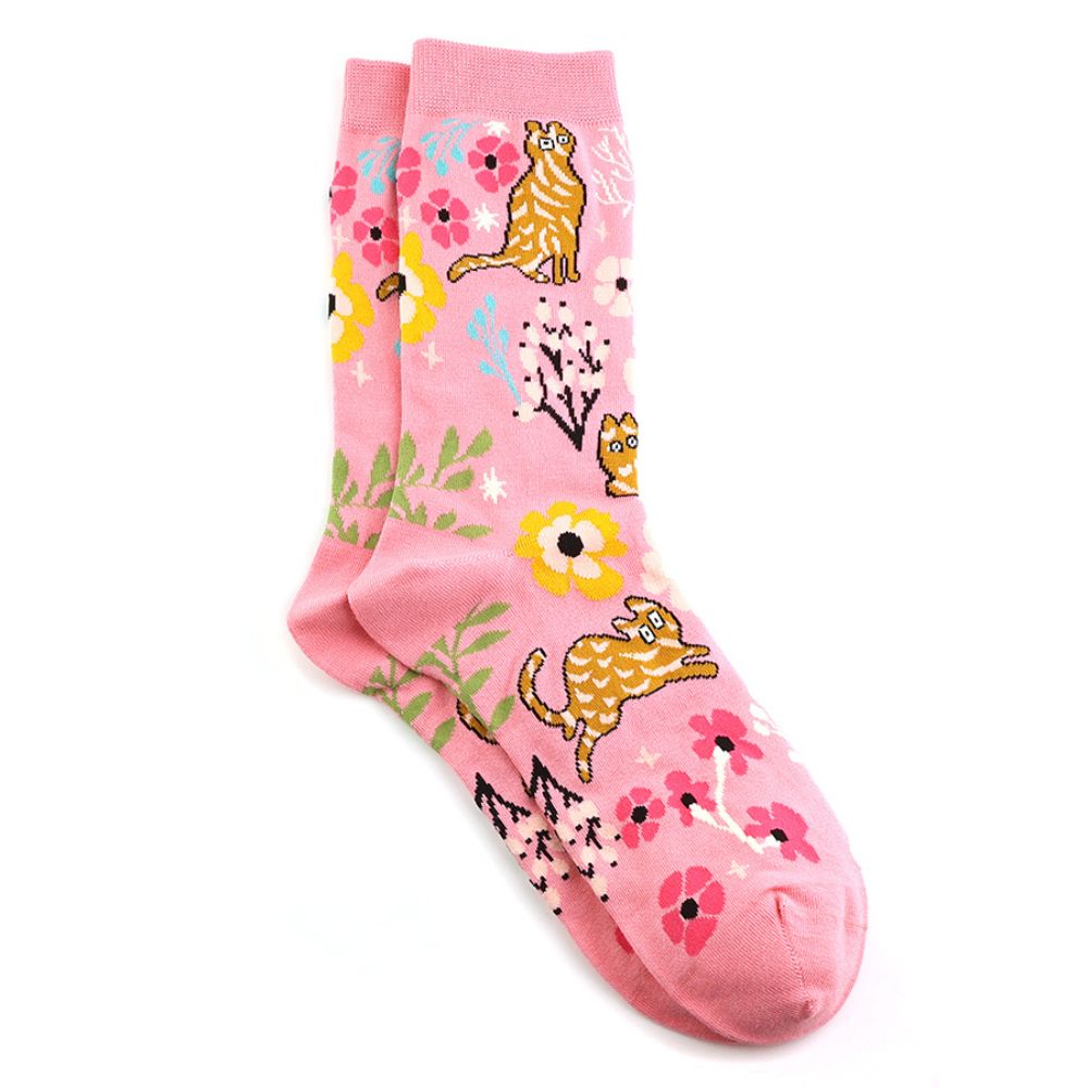 POM Pink Quirky Cat & Floral Ankle Socks