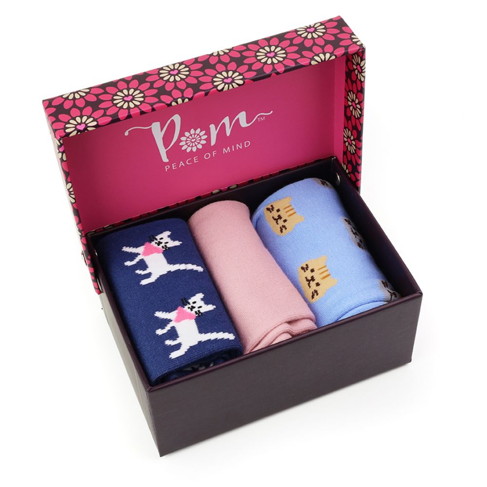 POM Pink and Blue Mix Cat Themed Boxed Sock Trio