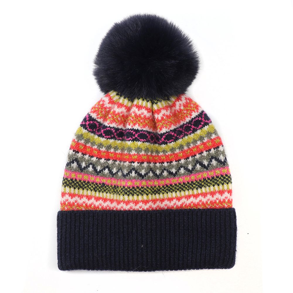 POM Recycled Blend Navy Mix Fair Isle Bobble Hat