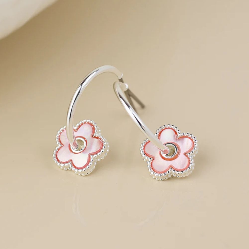 POM Silver Plated Pink Mother Of Pearl Flower Hoop Earrings