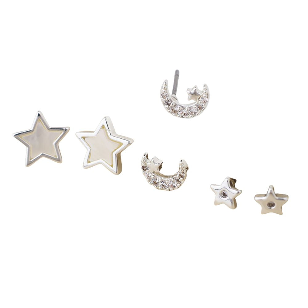 POM Triple Moons & Stars Stud Earring Set - Silver