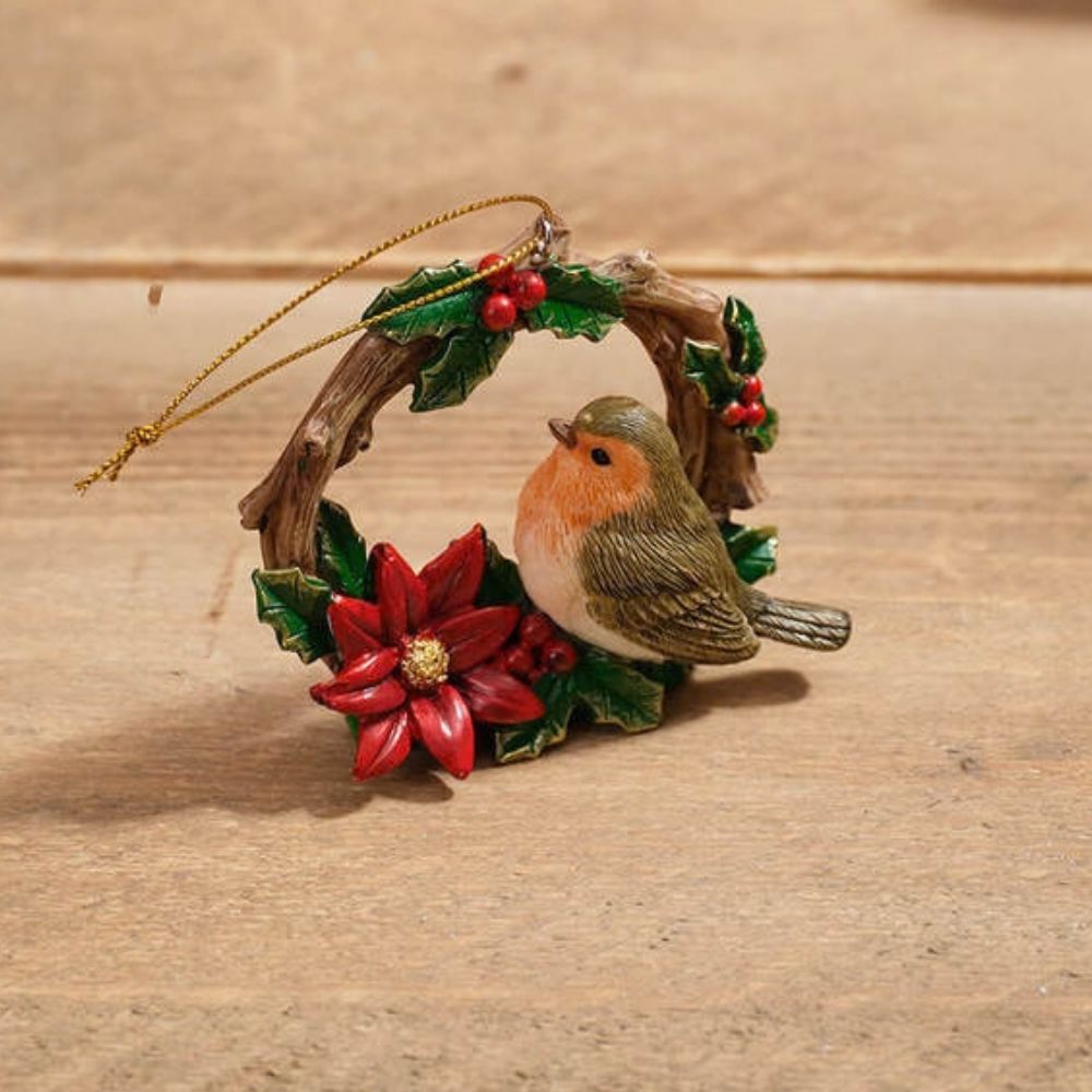 Richard Langs Resin Robin on Wreath Hanging Decoration