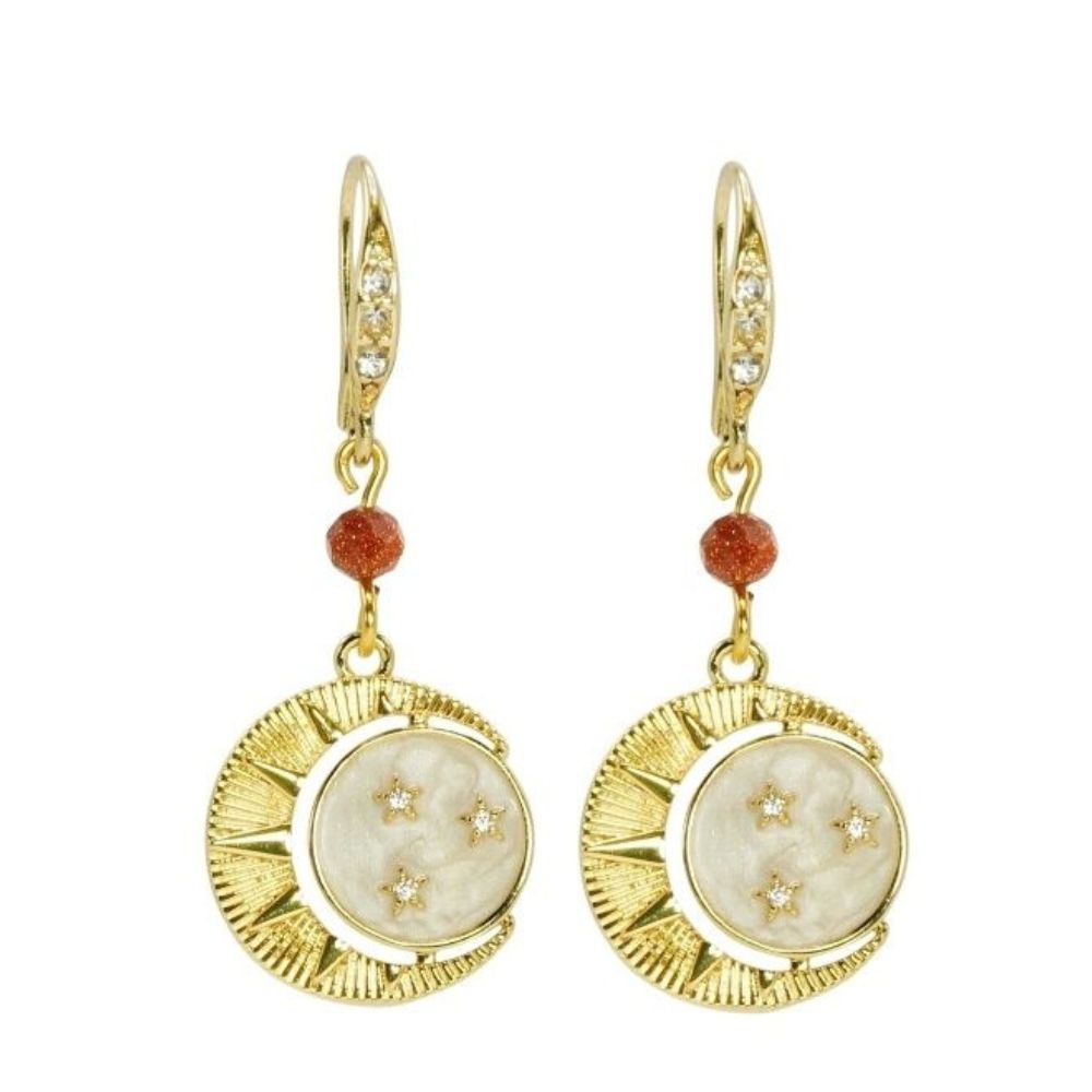 Rosie Fox Gold Sunstone Gemstone New Moon, Sun and Stars Earrings