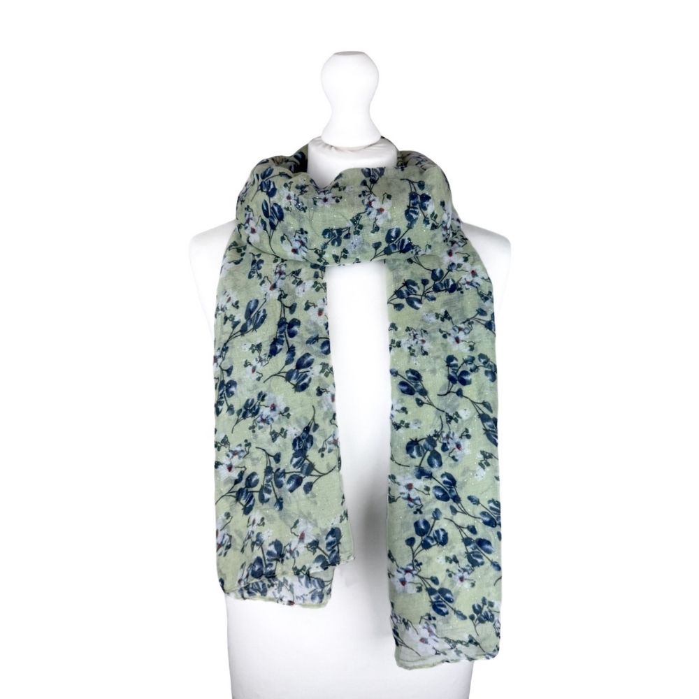 SH Sales Floral Blossom Print Shimmer Summer Scarf - Green