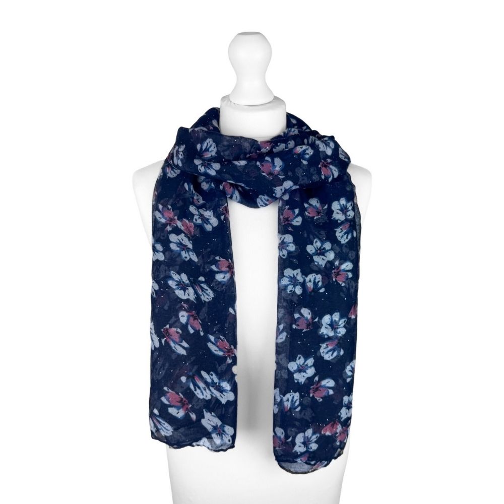 SH Sales Pink Flower Petal Print Summer Scarf - Navy