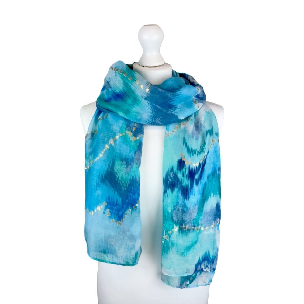 SH Sales Splash with Gold Print Summer Scarf - Blue