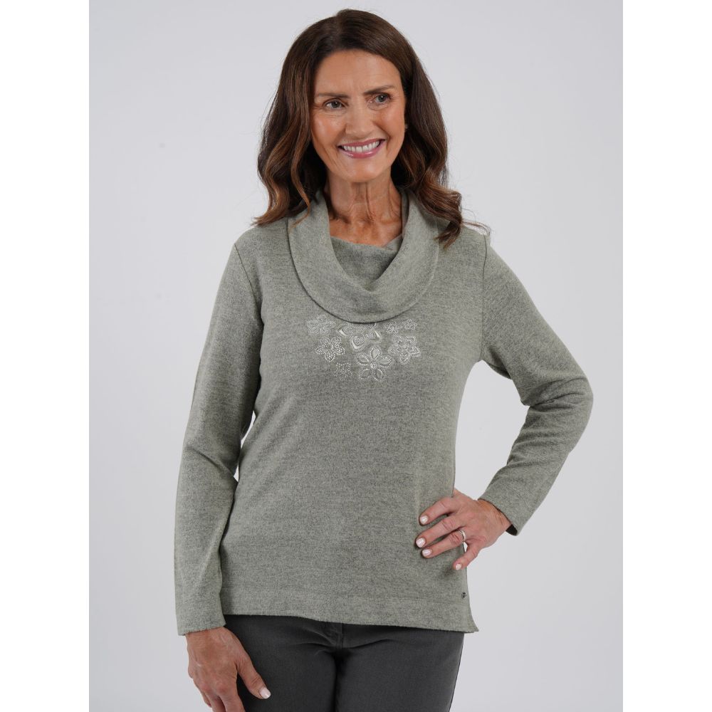 TIGI Diamante Flowers Cowl Neck Top - Basil Green