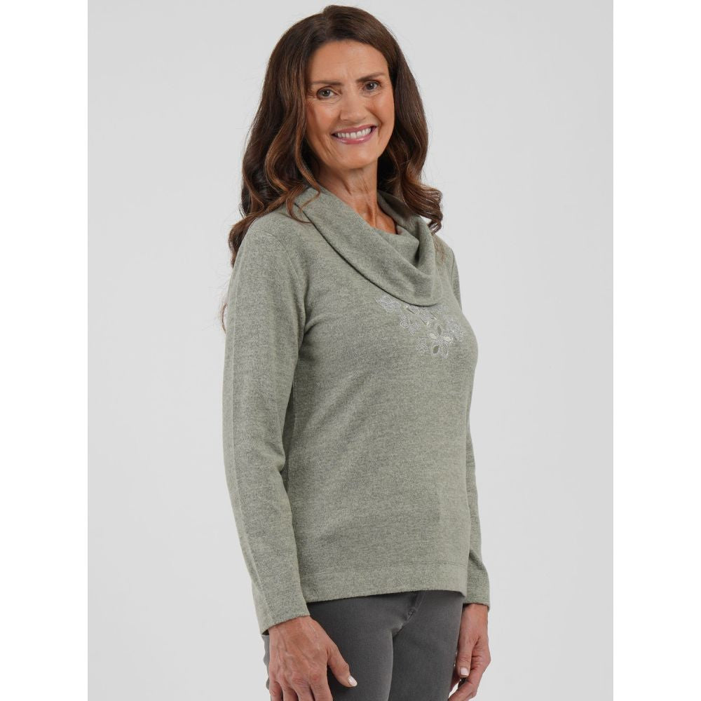TIGI Diamante Flowers Cowl Neck Top - Basil Green