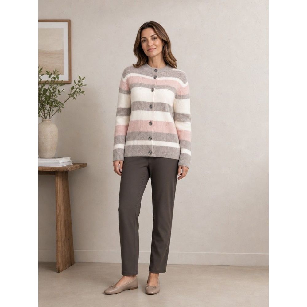 Tigi Yarn Dye Stripe Button Up Cardigan - Cream/Pink