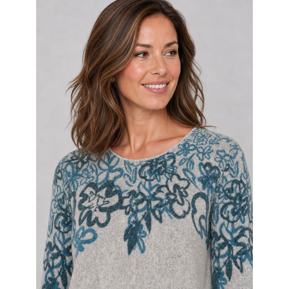 Tigi Floral Border Print Crew Neck Top - Grey/Blue