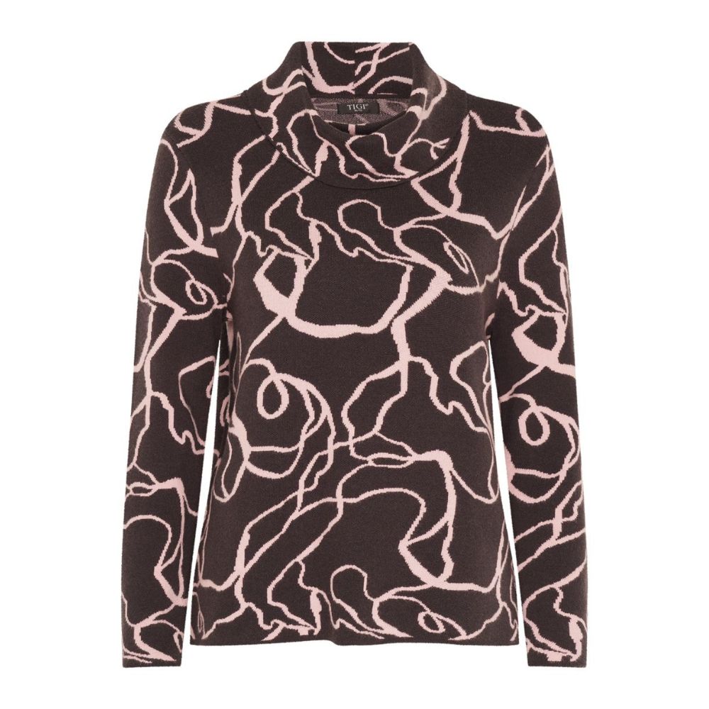 Tigi Sqiggle Jacquard Cowl Neck Top - Brown/Pink
