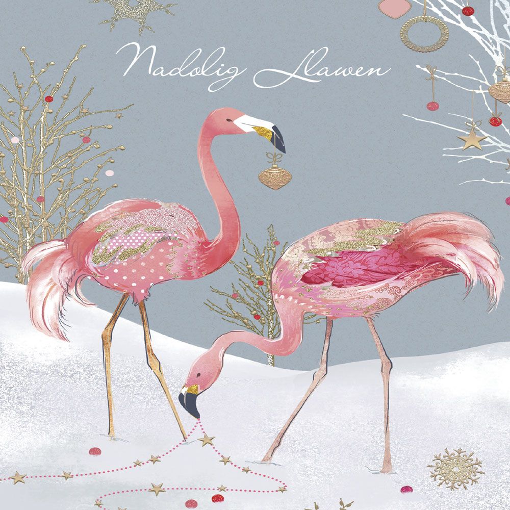Tracks Publishing Nadolig Llawen Flamingos Welsh Christmas Card