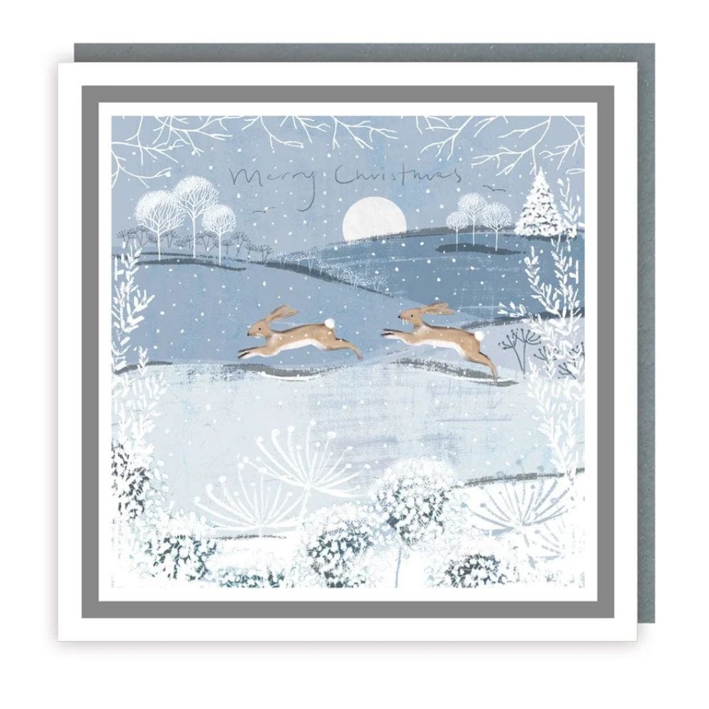 Tracks Xmas Hares in Snow Sparkle Christmas Card - (Pack of 5)