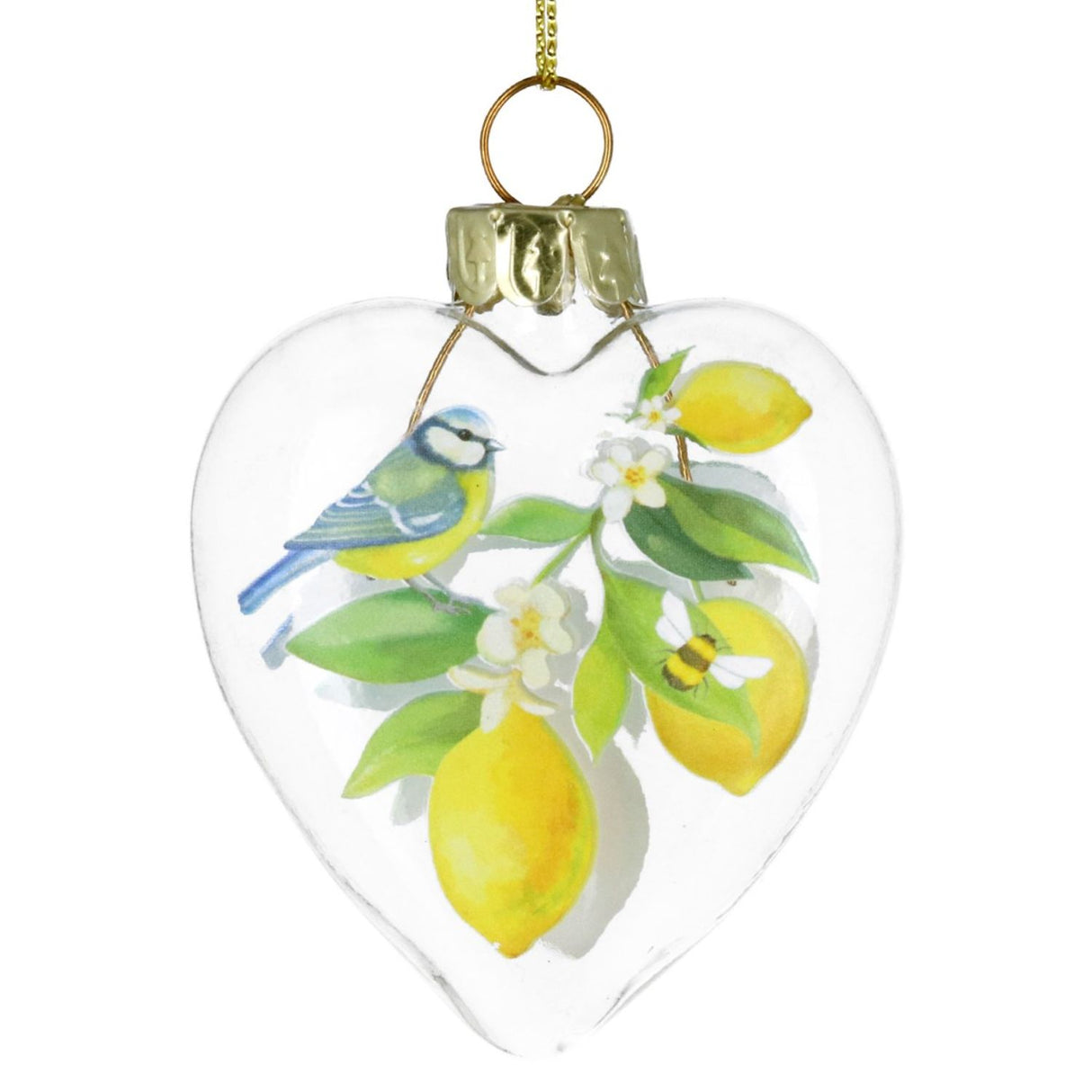 Gisela Graham Lemon & Blue Tit Glass Heart Hanging Decoration