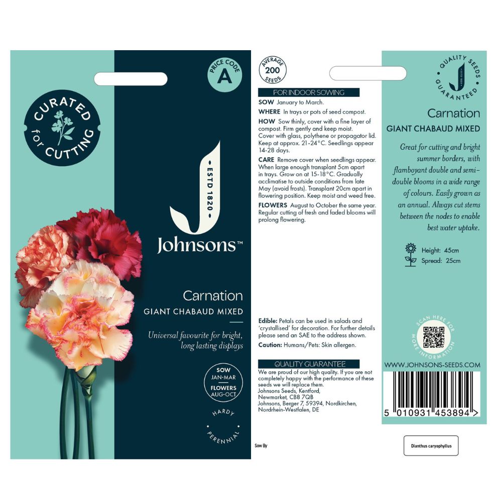 Johnsons Carnation Giant Chabaud Mixed Seeds