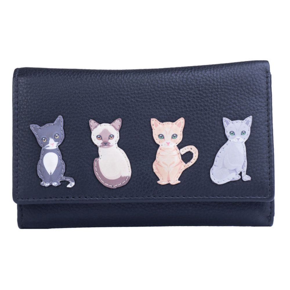 Mala Leather Black Best Friends Sitting Cat Tri Fold Purse
