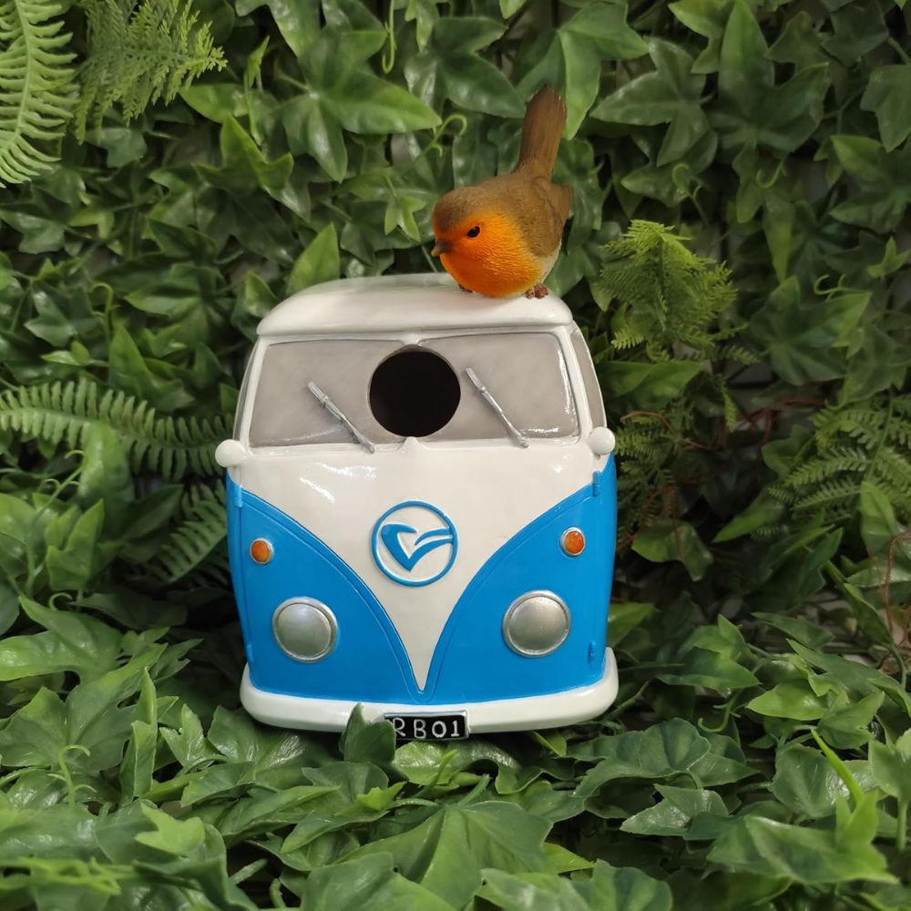 Vivid Arts 22.5cm Blue Camper Van/Robin Birdhouse - XBC-BH88-D