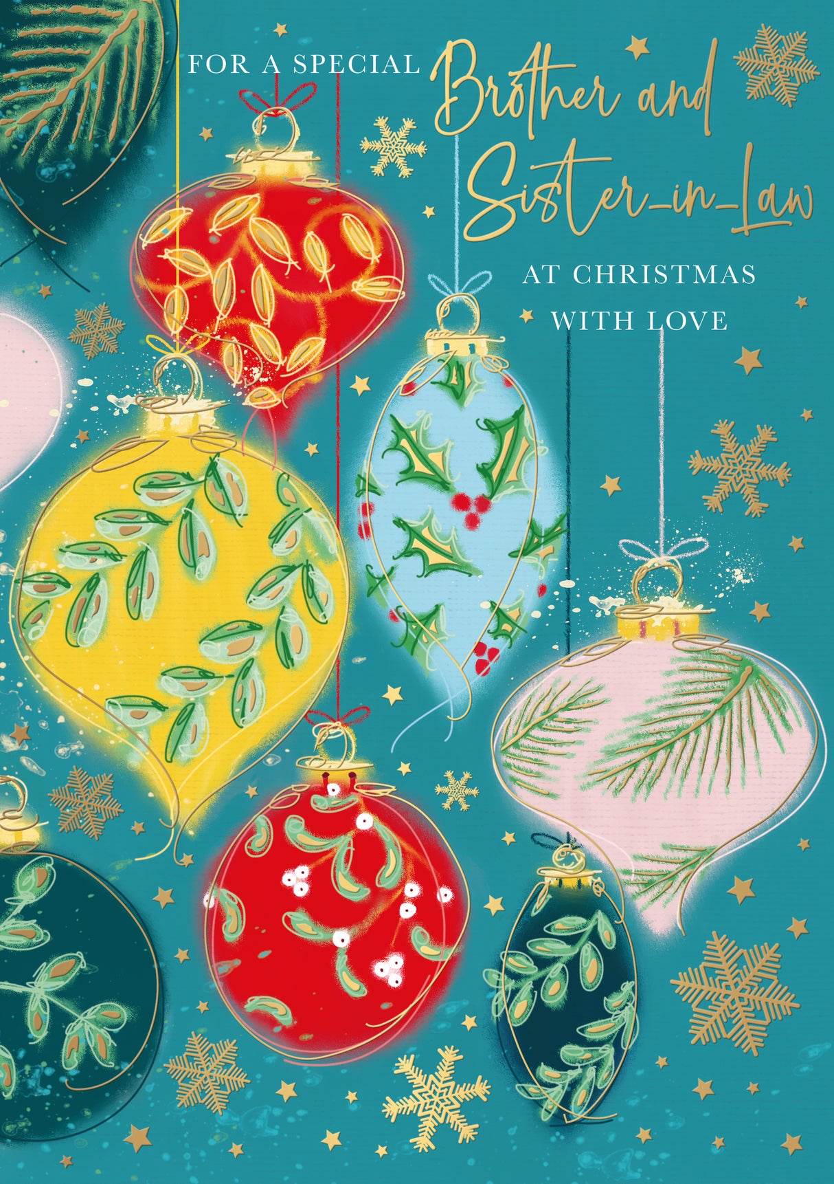 Woodmansterne Brother & Sister in Law Colourful Baubles Christmas Card