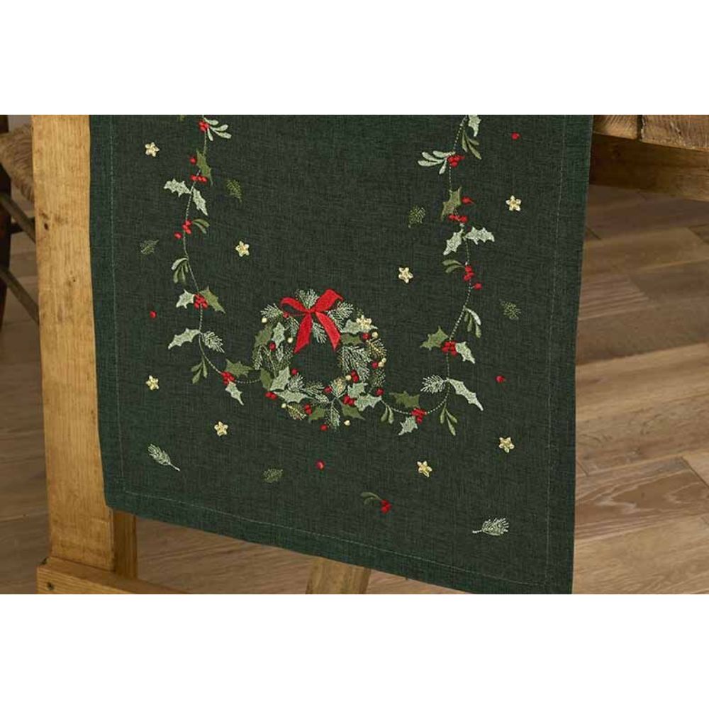 Walton & Co Green Embroidered Wreath Tail Runner