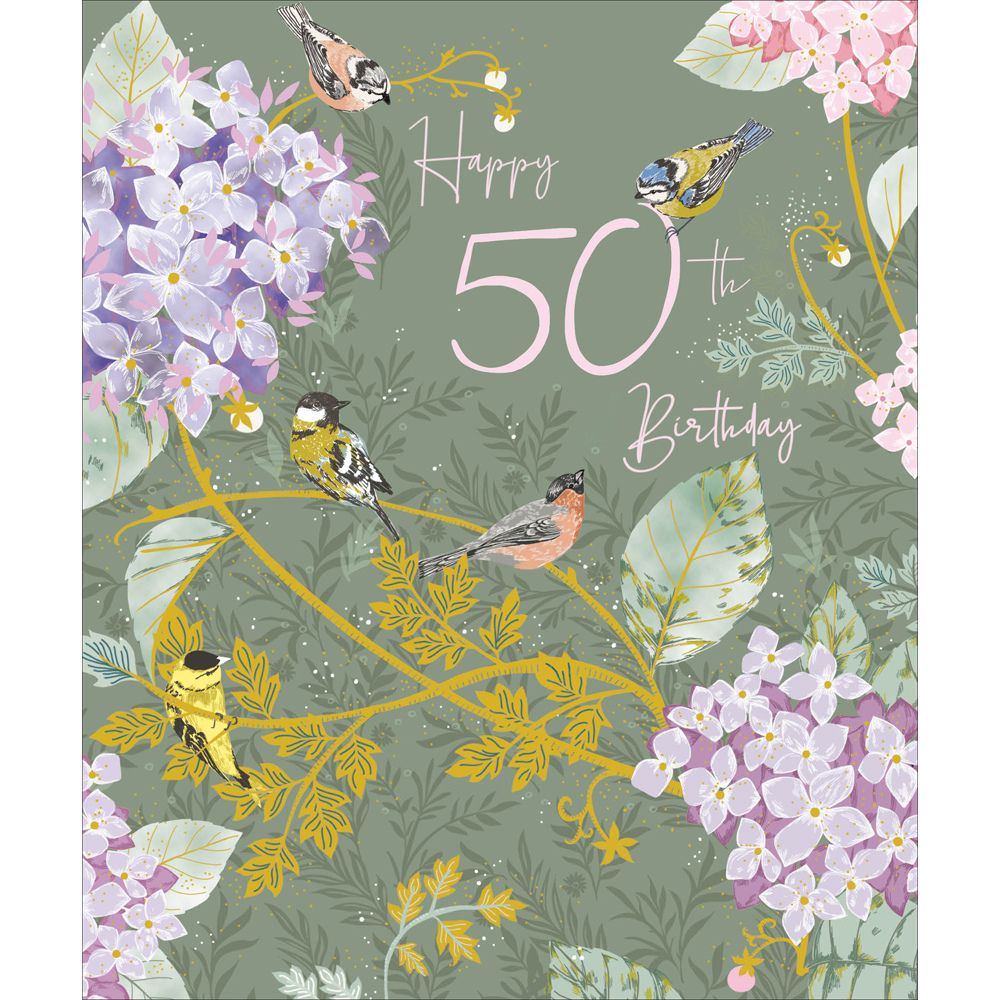 Woodmansterne 50th Birds & Flowers Birthday Card