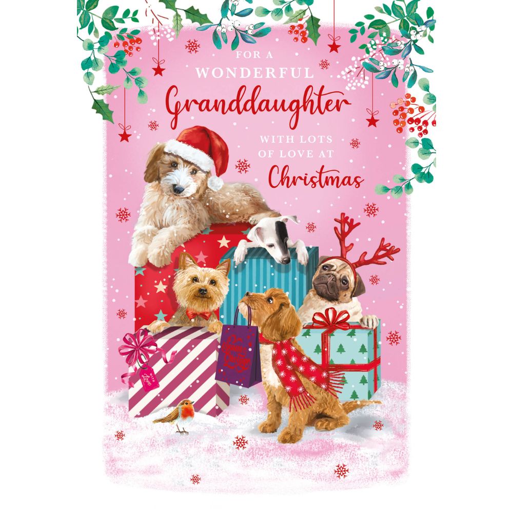Woodmansterne Granddaughter Festive with Presents Dogs Christmas Card