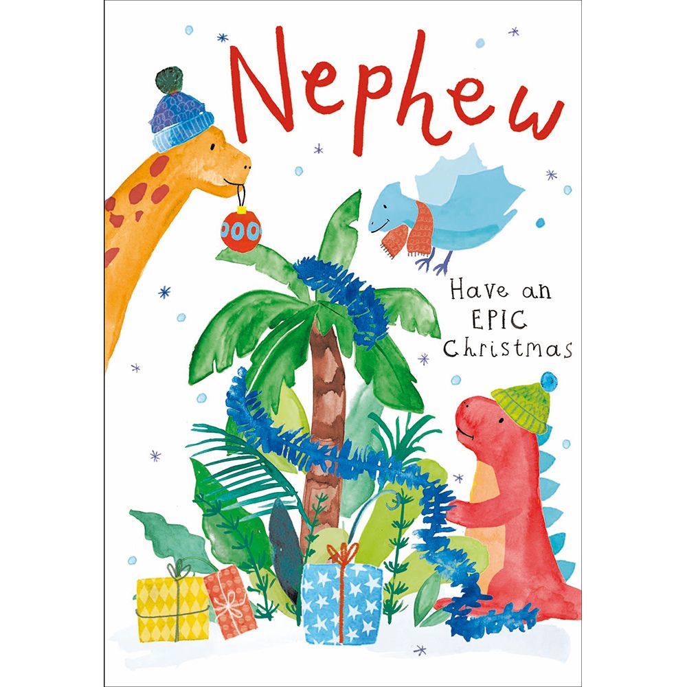 Woodmansterne Nephew Colourful Dinosaurs & Presents Christmas Card