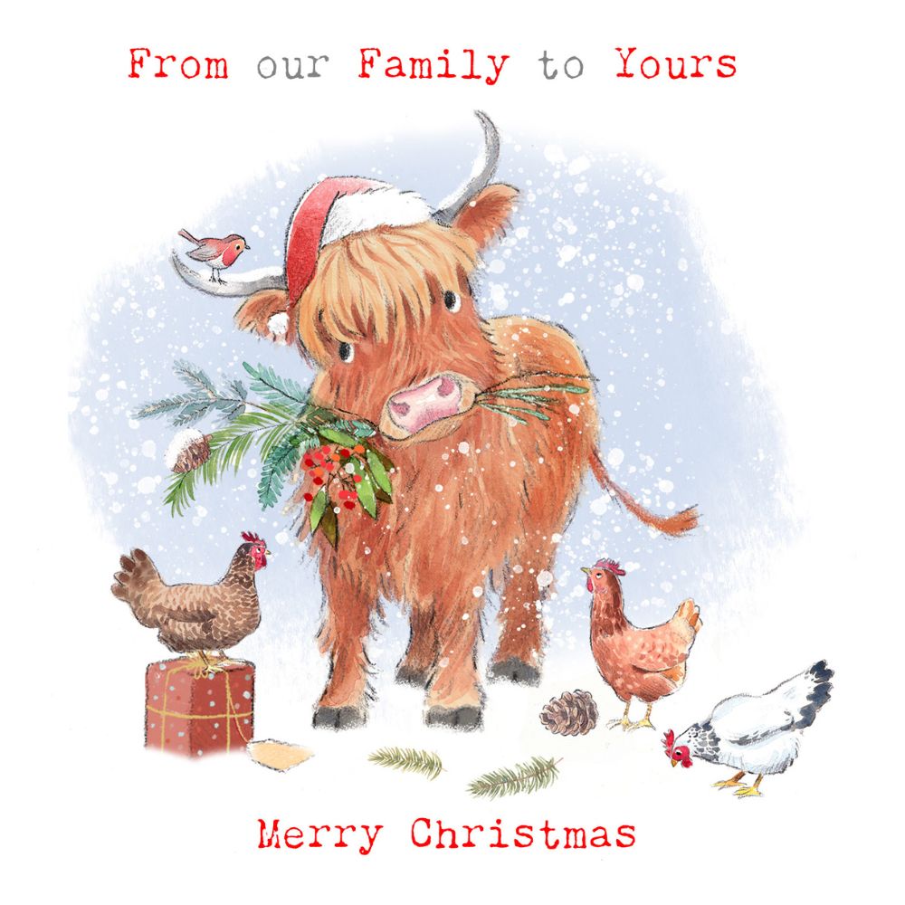 Woodmansterne Our Family to Yours Highland Cow & Chickens Christmas Card