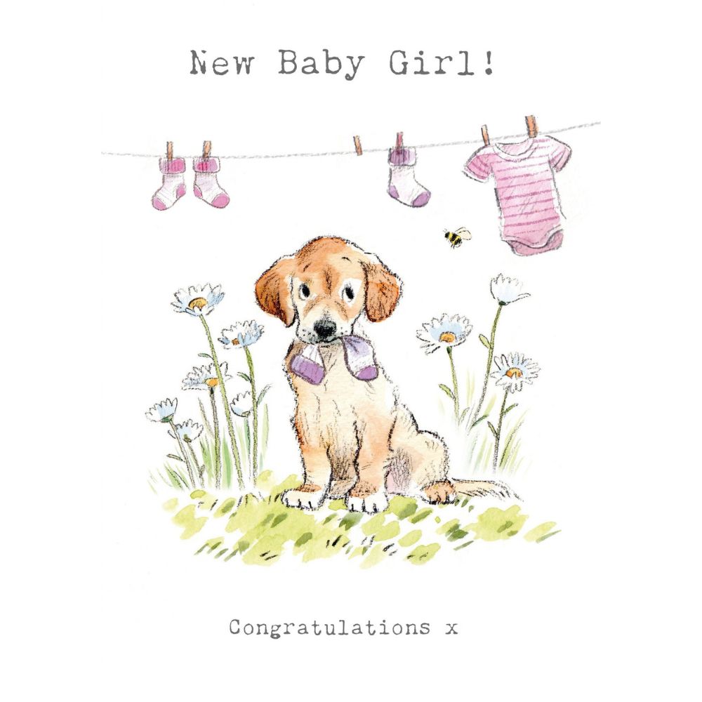 Woodmansterne Baby Girl Puppy with Clothes New Baby Card