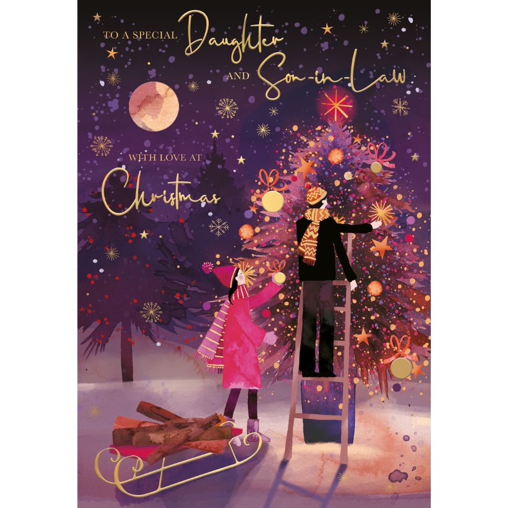 Woodmansterne Daughter and Son in Law Decorating Tree Christmas Card