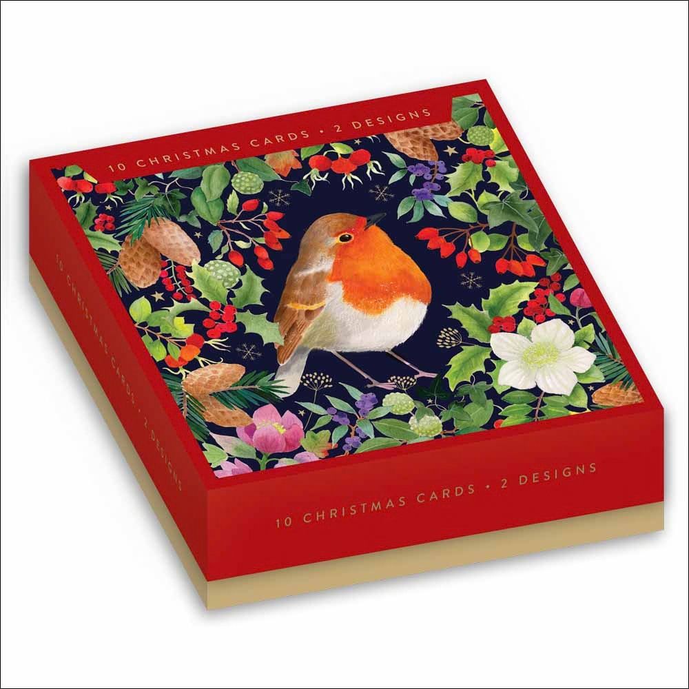 Woodmansterne Robin Pine Wreath Boxed Christmas Cards - Pack of 10