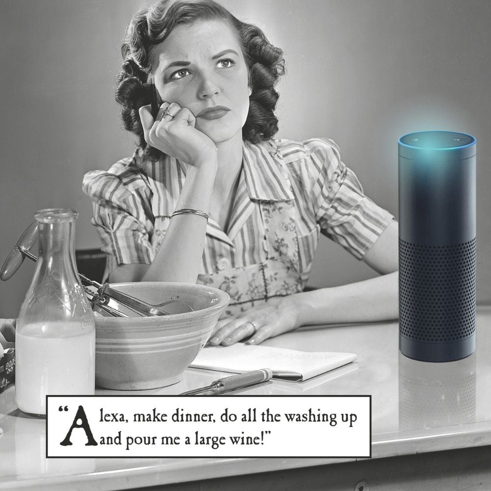 Woodmansterne Woman Talking to Alexa Funny Blank Card