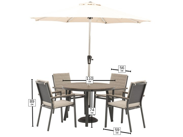 Bramblecrest 110cm Fawn Zurich 4 Seat Round Dining Set with Parasol & Base - X25ZR01