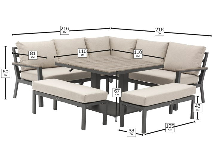 Bramblecrest Fawn Zurich Corner Sofa with Square Piston Adjustable Table & 2 Benches - X24AZRCDS2