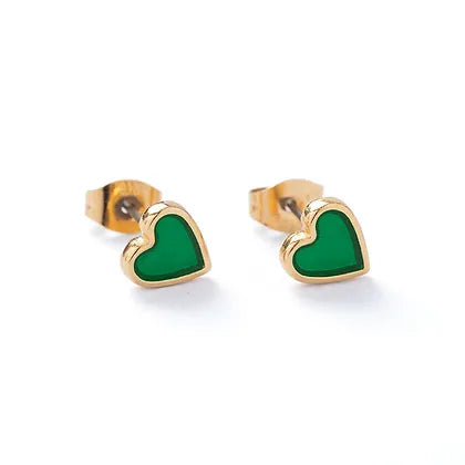 Carrie Elspeth Green Gold Heart Enamel Stud Earrings