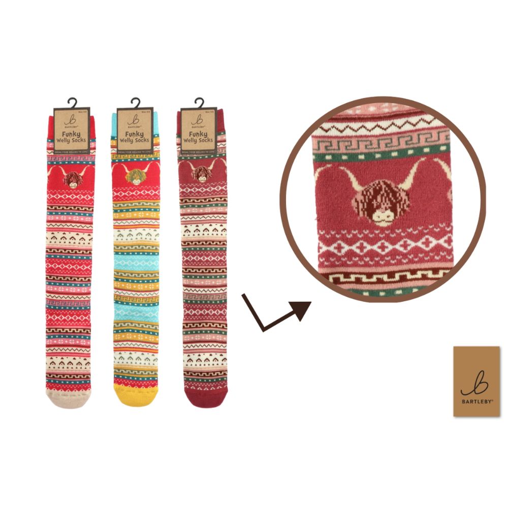 Bartleby Ladies Nordic Highland Cow Welly Socks (Choice of 3)