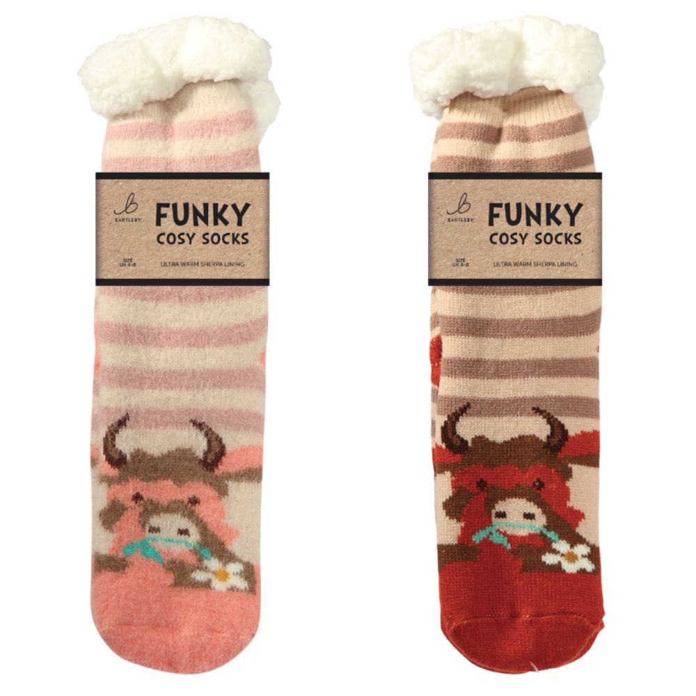Bartleby Ladies Striped Highland Cow Sherpa Socks (Choice of 2)