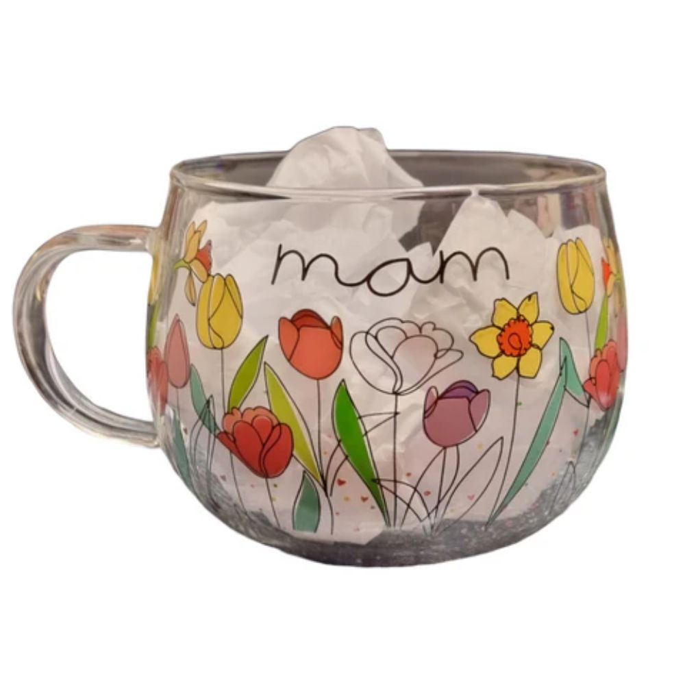 Belly Button 'Mam' Welsh Daffodils & Tulips Glass Mug