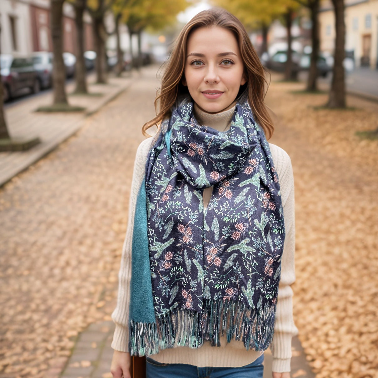 Black Ginger 180cm Fir Cone Pashmina Scarf - Navy