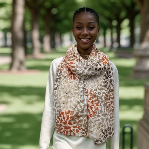 Black Ginger 180cm Flower Burst Scarf - Natural - Old Railway Line Garden Centre