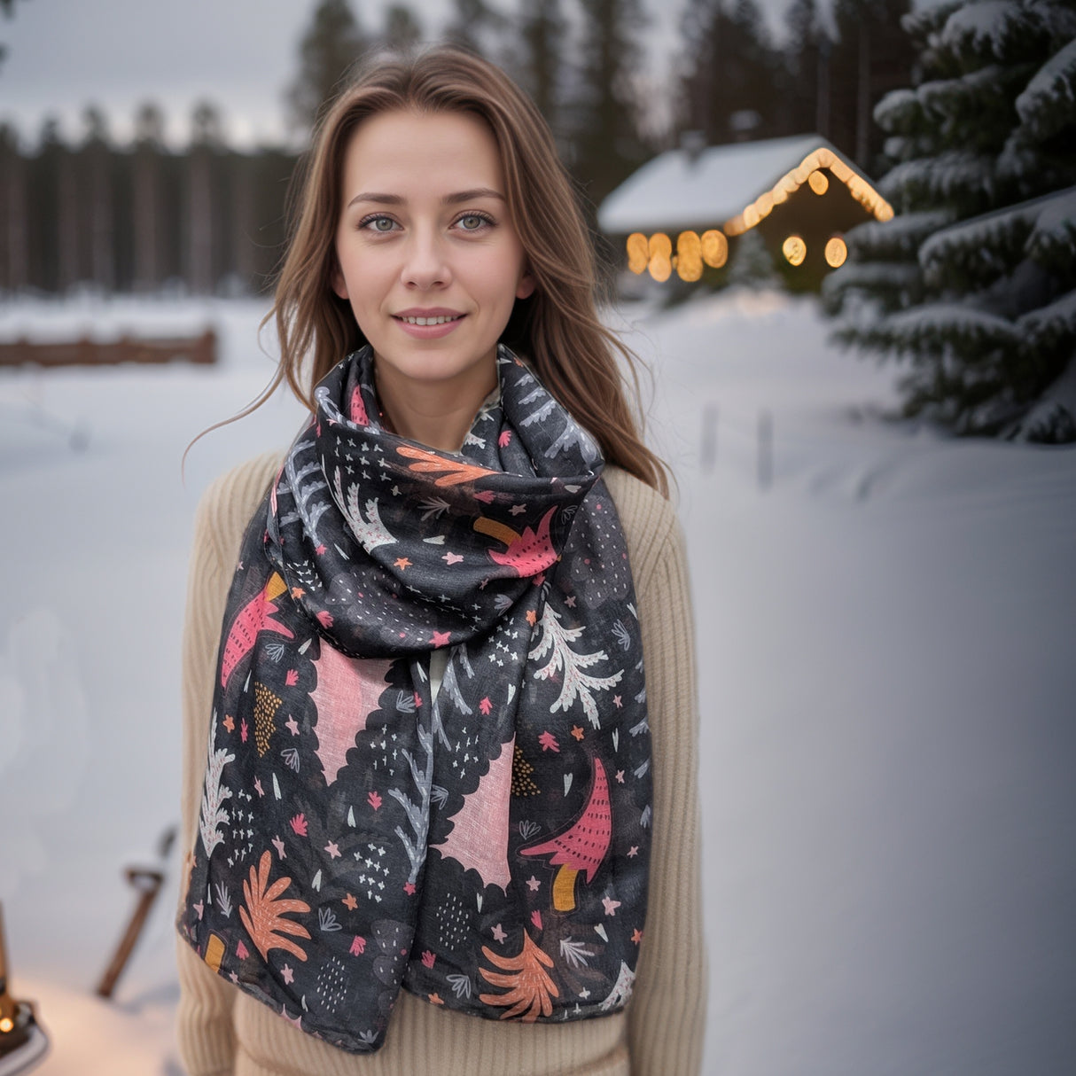 Black Ginger 180cm Scandi Trees Scarf - Navy